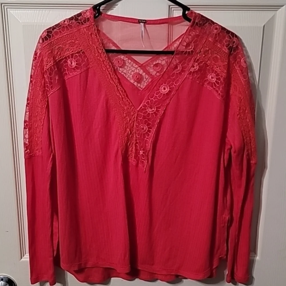 Free People Women's Dolman Sleeve Baja‎ Babe Hacci Lace Tee Top Red XS